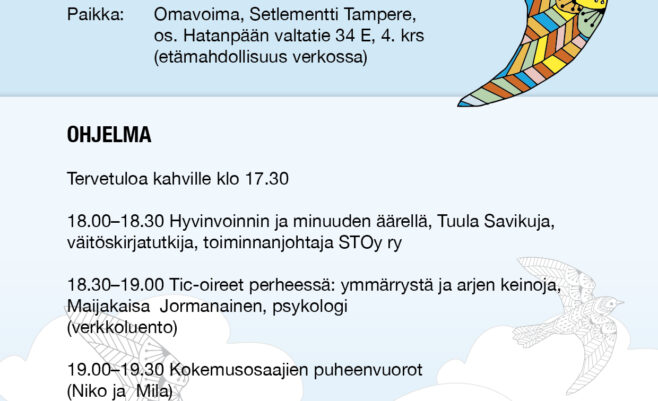 Ohjelma tapahtumaan. 5.6. klo 18-20. Paikkana Omavoima, osoite Hatanpään valtatie 34 E, 4 krs. Tampere. Etämahdollisuus verkossa. Zoom-linkki laitetaan ilmoittautuneille. 